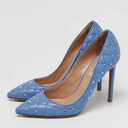 Pre Owned Valentino Blue Quilted Leather Rockstud Spike Pumps Size 38