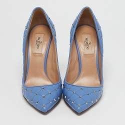 Pre Owned Valentino Blue Quilted Leather Rockstud Spike Pumps Size 38