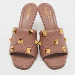 Pre Owned Valentino Dusty Pink Leather Roman Stud Slide Sandals Size 38.5