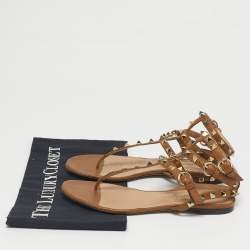 Pre Owned Valentino Brown Leather Rockstud Ankle Strap Thong Sandals Size 36.5