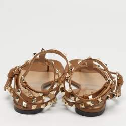 Pre Owned Valentino Brown Leather Rockstud Ankle Strap Thong Sandals Size 36.5