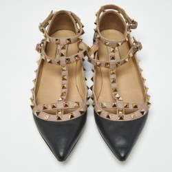 Pre Owned Valentino Black/Pink Leather Rockstud Caged Ballet Flats Size 39