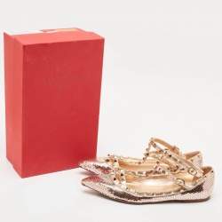 Pre Owned Valentino Rose Gold Sequins and Leather Rockstud Caged Ballet Flats Size 39.5