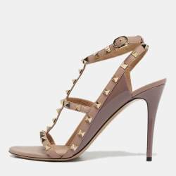 Pre Owned Valentino Beige Patent and Leather Rockstud Ankle Strap Sandals Size 40