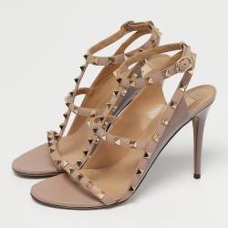 Pre Owned Valentino Beige Patent and Leather Rockstud Ankle Strap Sandals Size 40