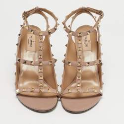 Pre Owned Valentino Beige Patent and Leather Rockstud Ankle Strap Sandals Size 40