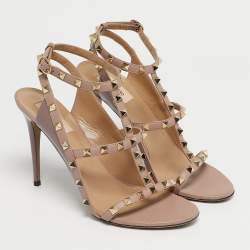 Pre Owned Valentino Beige Patent and Leather Rockstud Ankle Strap Sandals Size 40