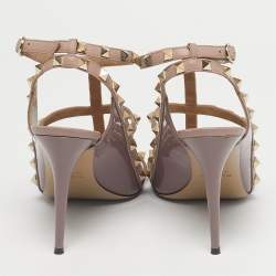 Pre Owned Valentino Beige Patent and Leather Rockstud Ankle Strap Sandals Size 40