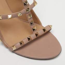 Pre Owned Valentino Beige Patent and Leather Rockstud Ankle Strap Sandals Size 40