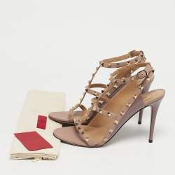 Pre Owned Valentino Beige Patent and Leather Rockstud Ankle Strap Sandals Size 40