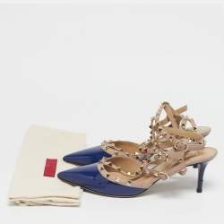 Pre Owned Valentino Blue/Beige Patent Leather Rockstud Caged Pumps Size 40
