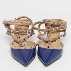 Pre Owned Valentino Blue/Beige Patent Leather Rockstud Caged Pumps Size 40