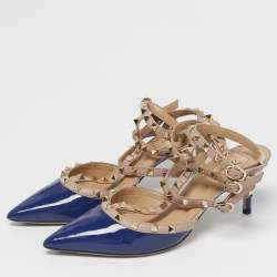 Pre Owned Valentino Blue/Beige Patent Leather Rockstud Caged Pumps Size 40