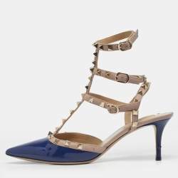 Pre Owned Valentino Blue/Beige Patent Leather Rockstud Caged Pumps Size 40