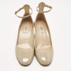 Pre Owned Valentino Beige Patent Leather Tan-Go Block Heel Pumps Size 40