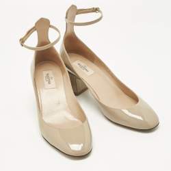 Pre Owned Valentino Beige Patent Leather Tan-Go Block Heel Pumps Size 40