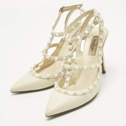 Pre Owned Valentino Off-white Leather Rockstud Pumps Size 39.5