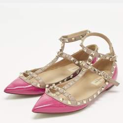 Pre Owned Valentino Beige/Pink Patent and Leather Rockstud Ballet Flats Size 40
