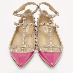 Pre Owned Valentino Beige/Pink Patent and Leather Rockstud Ballet Flats Size 40