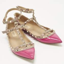 Pre Owned Valentino Beige/Pink Patent and Leather Rockstud Ballet Flats Size 40