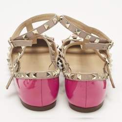 Pre Owned Valentino Beige/Pink Patent and Leather Rockstud Ballet Flats Size 40