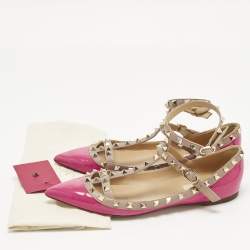 Pre Owned Valentino Beige/Pink Patent and Leather Rockstud Ballet Flats Size 40