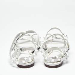 Pre Owned Valentino White Leather Rockstud Ankle Strap Flat Sandals Size 36