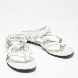Pre Owned Valentino White Leather Rockstud Ankle Strap Flat Sandals Size 36