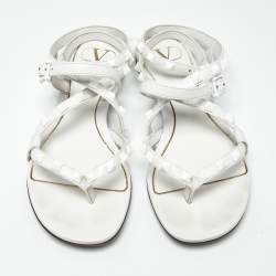 Pre Owned Valentino White Leather Rockstud Ankle Strap Flat Sandals Size 36