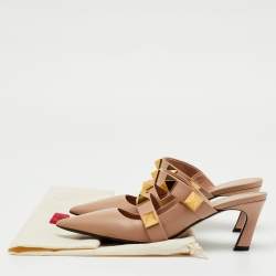 Pre Owned Valentino Beige Leather Roman Stud Pointed Toe Mules Size 39.5