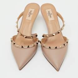 Pre Owned Valentino Beige Leather Rockstud Heel Mules Size 39.5