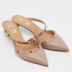 Pre Owned Valentino Beige Leather Rockstud Heel Mules Size 39.5