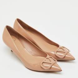Pre Owned Valentino Beige Patent Leather VLogo Pointed Toe Pumps Size 39.5