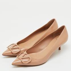 Pre Owned Valentino Beige Patent Leather VLogo Pointed Toe Pumps Size 39.5