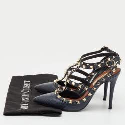 Pre Owned Valentino Navy Blue Leather Rockstud Ankle Strap Pumps Size 36
