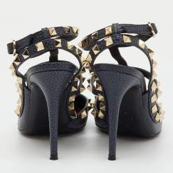 Pre Owned Valentino Navy Blue Leather Rockstud Ankle Strap Pumps Size 36