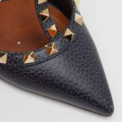 Pre Owned Valentino Navy Blue Leather Rockstud Ankle Strap Pumps Size 36