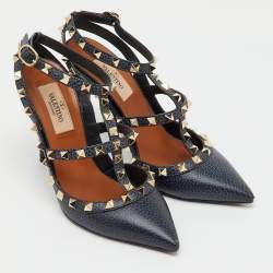 Pre Owned Valentino Navy Blue Leather Rockstud Ankle Strap Pumps Size 36
