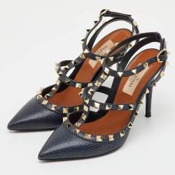 Pre Owned Valentino Navy Blue Leather Rockstud Ankle Strap Pumps Size 36