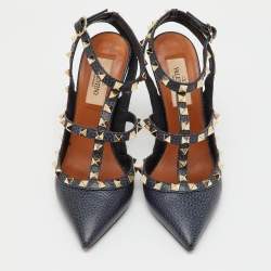 Pre Owned Valentino Navy Blue Leather Rockstud Ankle Strap Pumps Size 36