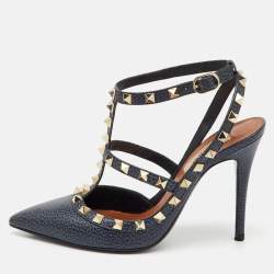 Pre Owned Valentino Navy Blue Leather Rockstud Ankle Strap Pumps Size 36