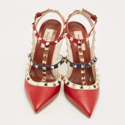 Pre Owned Valentino Red/Beige Patent Leather Rockstud Ankle Strap Pumps Size 37.5