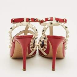Pre Owned Valentino Red/Beige Patent Leather Rockstud Ankle Strap Pumps Size 37.5