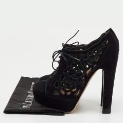 Pre Owned Valentino Black Suede Cut Out Lace Up Platform Booties Size 36