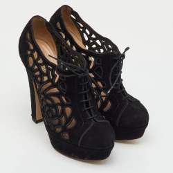 Pre Owned Valentino Black Suede Cut Out Lace Up Platform Booties Size 36