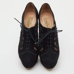 Pre Owned Valentino Black Suede Cut Out Lace Up Platform Booties Size 36