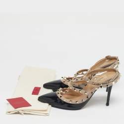 Pre Owned Valentino Black/Beige Leather and Patent Rockstud Ankle Strap Pumps Size 37.5