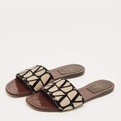 Pre Owned Valentino Beige/Black Iconographe Canvas Flat Slides Size 37.5