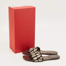 Pre Owned Valentino Beige/Black Iconographe Canvas Flat Slides Size 37.5