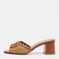 Pre Owned Valentino Brown Straw and Leather Escape VLogo Slide Sandals Size 37